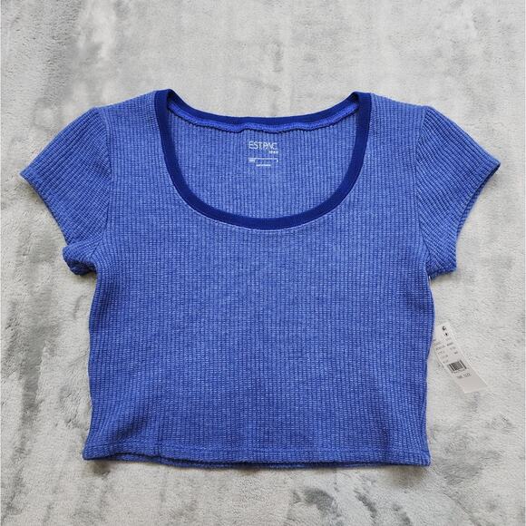 NEW Pacsun Est PAC 1980 Samantha Cropped Waffle Knit T-Shirt Size S Blue Stretch - Picture 1 of 10
